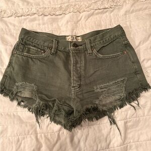 Free People Green Denim Frayed Shorts